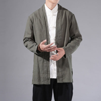 Buddha Stones Casual Plain Simple Design Open Front Cotton Linen Men's Long Sleeve Jacket Kimono - DarkSeaGreen - US/UK/AU42，EU52 (3XL) - image 1