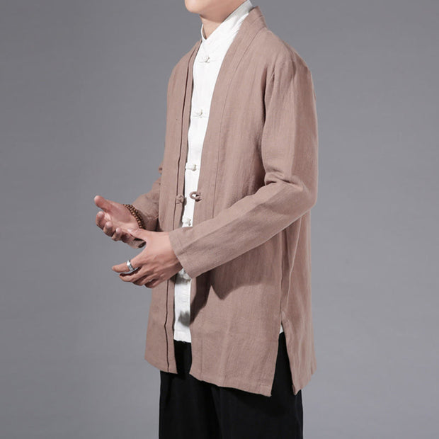 Buddha Stones Casual Plain Simple Design Open Front Cotton Linen Men's Long Sleeve Jacket Kimono - image 27