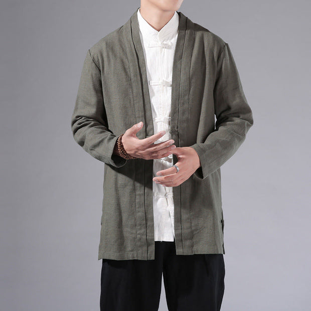 Buddha Stones Casual Plain Simple Design Open Front Cotton Linen Men's Long Sleeve Jacket Kimono - DarkSeaGreen - US/UK/AU42，EU52 (3XL) - image 1