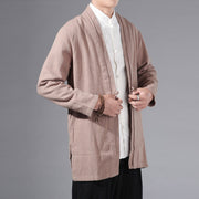 Buddha Stones Casual Plain Simple Design Open Front Cotton Linen Men's Long Sleeve Jacket Kimono - image 26