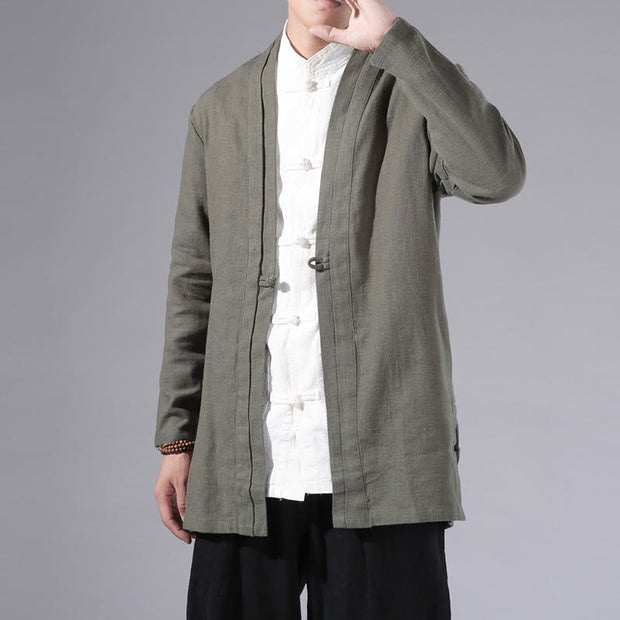 Buddha Stones Casual Plain Simple Design Open Front Cotton Linen Men's Long Sleeve Jacket Kimono - image 3