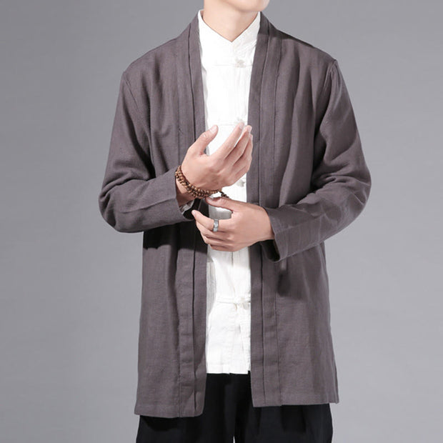 Buddha Stones Casual Plain Simple Design Open Front Cotton Linen Men's Long Sleeve Jacket Kimono - image 31