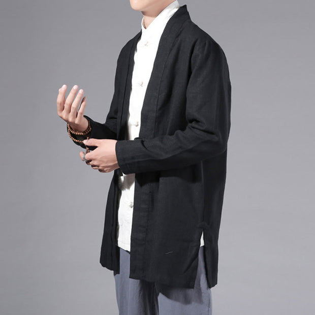 Buddha Stones Casual Plain Simple Design Open Front Cotton Linen Men's Long Sleeve Jacket Kimono - image 17