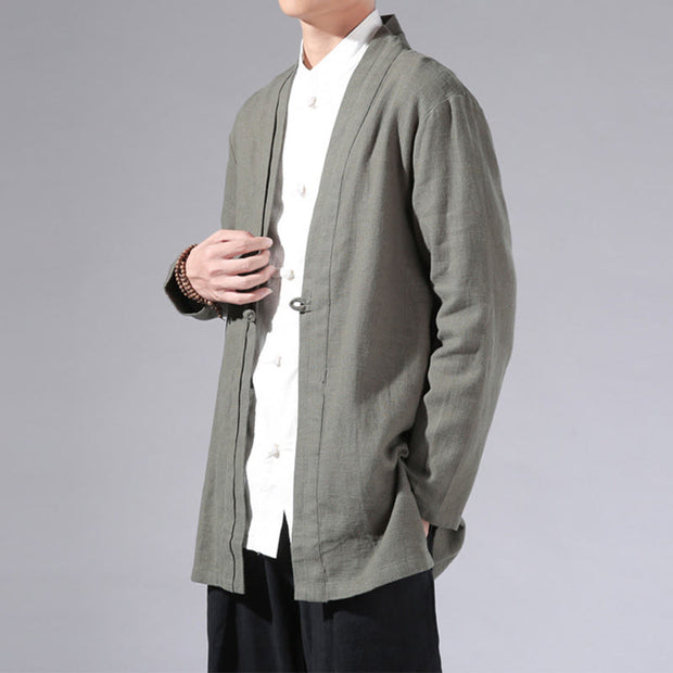 Buddha Stones Casual Plain Simple Design Open Front Cotton Linen Men's Long Sleeve Jacket Kimono - image 4
