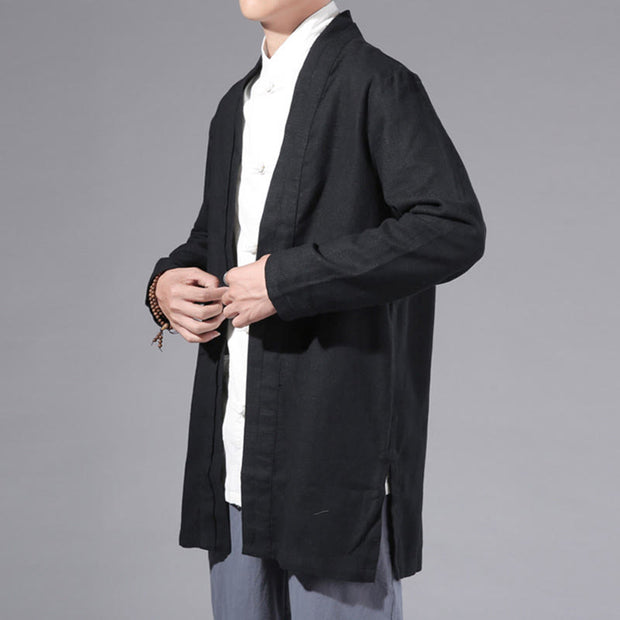 Buddha Stones Casual Plain Simple Design Open Front Cotton Linen Men's Long Sleeve Jacket Kimono - image 14