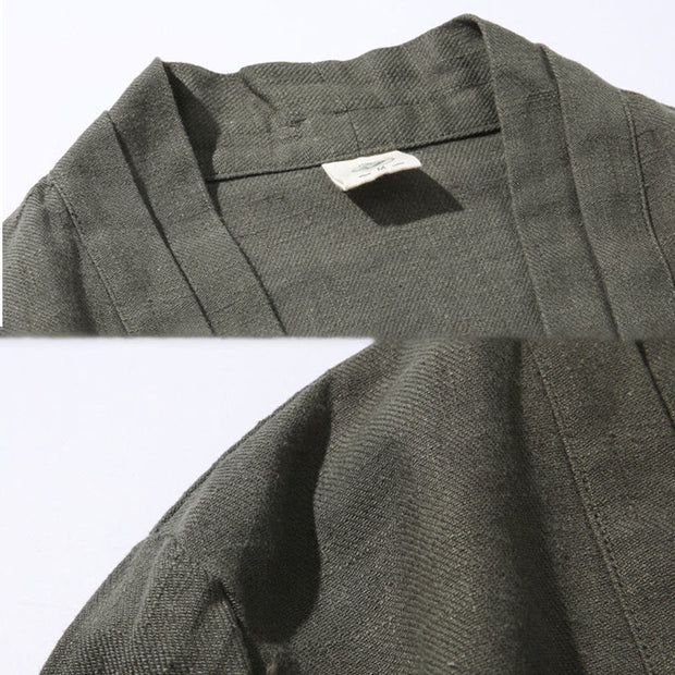 Buddha Stones Casual Plain Simple Design Open Front Cotton Linen Men's Long Sleeve Jacket Kimono - image 8