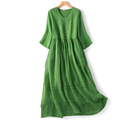 Buddha Stones Summer V-Neck Design Half Sleeve Cotton Midi Dress - Green - US8-10，UK/AU12-14，EU40-42 (2XL) - image 1