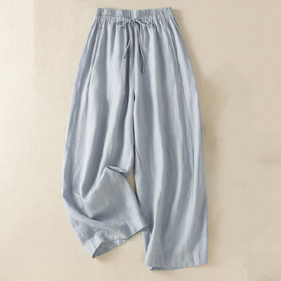Buddha Stones Commute Plain Design Drawstring Cotton Linen Women's Wide Leg Pants With Pockets - LightSteelBlue - US8-10，UK/AU12-14，EU40-42 (2XL) - image 1