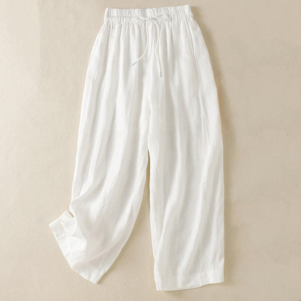 Buddha Stones Commute Plain Design Drawstring Cotton Linen Women's Wide Leg Pants With Pockets - White - US8-10，UK/AU12-14，EU40-42 (2XL) - image 29