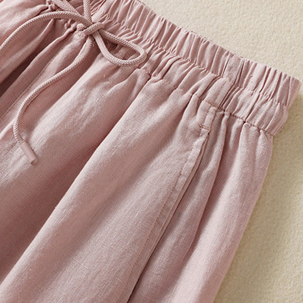 Buddha Stones Commute Plain Design Drawstring Cotton Linen Women's Wide Leg Pants With Pockets - image 23