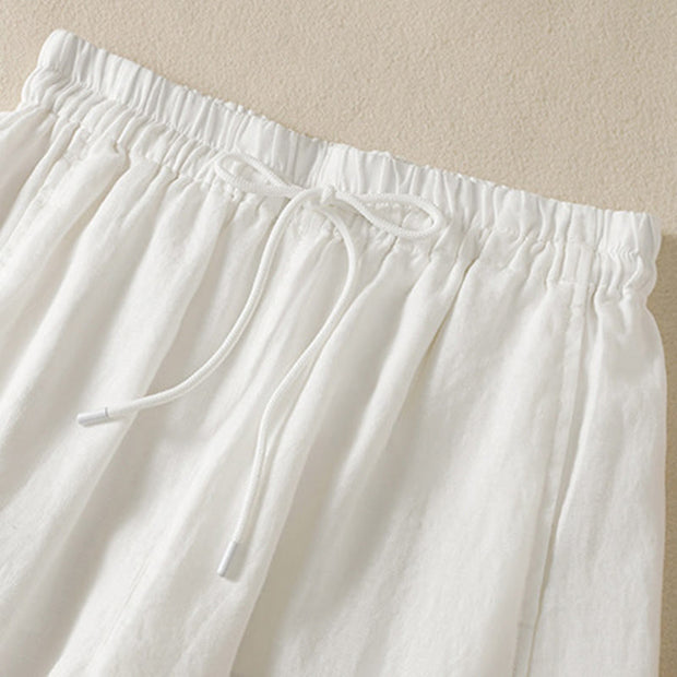 Buddha Stones Commute Plain Design Drawstring Cotton Linen Women's Wide Leg Pants With Pockets - image 31