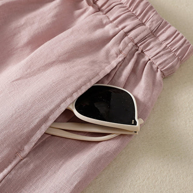Buddha Stones Commute Plain Design Drawstring Cotton Linen Women's Wide Leg Pants With Pockets - image 25