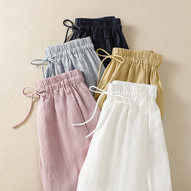 Buddha Stones Commute Plain Design Drawstring Cotton Linen Women's Wide Leg Pants With Pockets - image 36