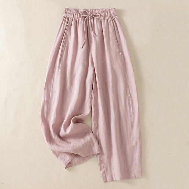 Buddha Stones Commute Plain Design Drawstring Cotton Linen Women's Wide Leg Pants With Pockets - LightPink - US8-10，UK/AU12-14，EU40-42 (2XL) - image 20