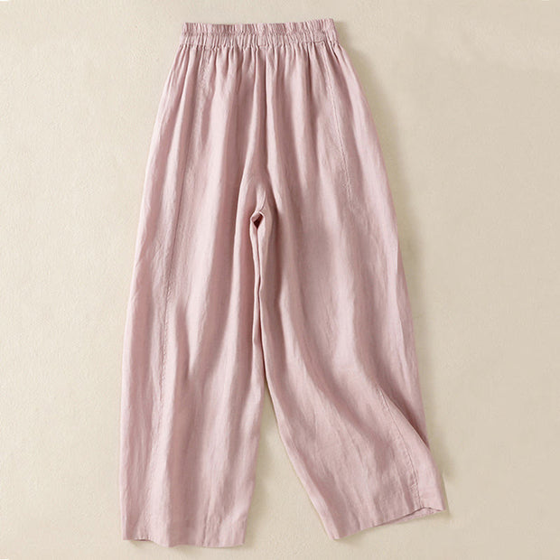 Buddha Stones Commute Plain Design Drawstring Cotton Linen Women's Wide Leg Pants With Pockets - image 21