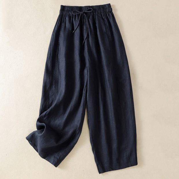 Buddha Stones Commute Plain Design Drawstring Cotton Linen Women's Wide Leg Pants With Pockets - MidnightBlue - US8-10，UK/AU12-14，EU40-42 (2XL) - image 14