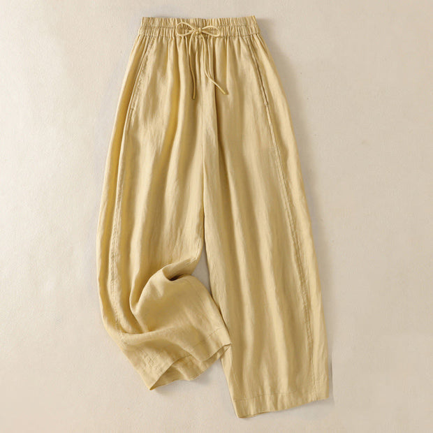 Buddha Stones Commute Plain Design Drawstring Cotton Linen Women's Wide Leg Pants With Pockets - Khaki - US8-10，UK/AU12-14，EU40-42 (2XL) - image 8
