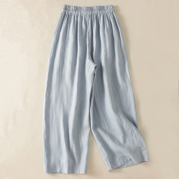 Buddha Stones Commute Plain Design Drawstring Cotton Linen Women's Wide Leg Pants With Pockets - image 2
