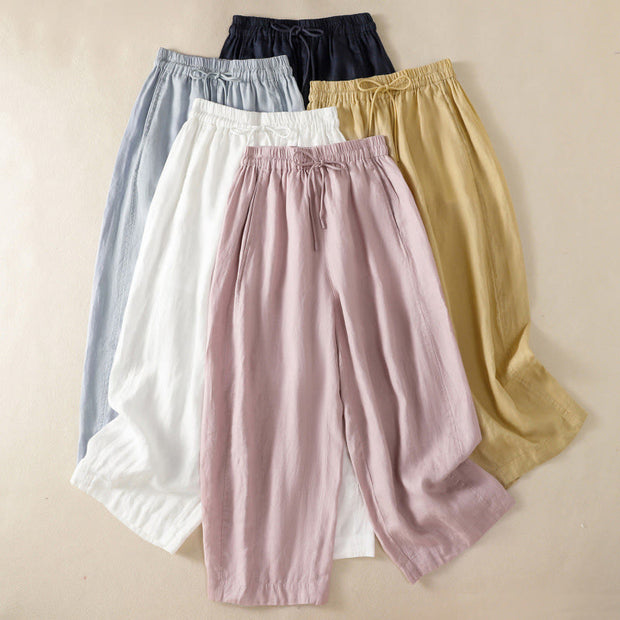 Buddha Stones Commute Plain Design Drawstring Cotton Linen Women's Wide Leg Pants With Pockets - image 35