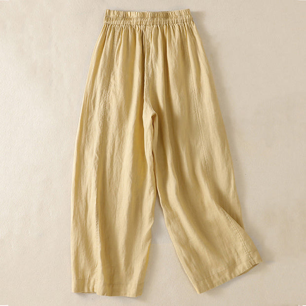 Buddha Stones Commute Plain Design Drawstring Cotton Linen Women's Wide Leg Pants With Pockets - image 9