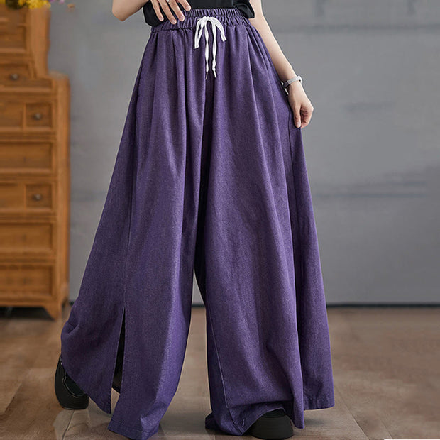 Buddha Stones Retro Leg Opening Slit Design Cotton Women's Wide Leg Pants With Pockets - image 4