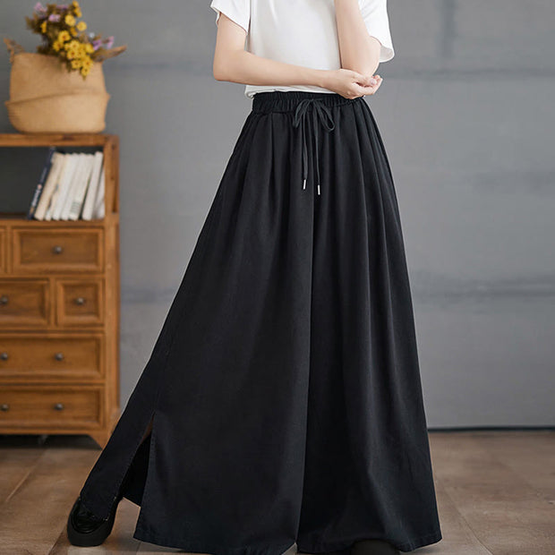 Buddha Stones Retro Leg Opening Slit Design Cotton Women's Wide Leg Pants With Pockets - image 13