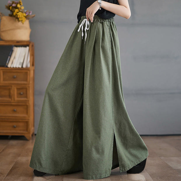 Buddha Stones Retro Leg Opening Slit Design Cotton Women's Wide Leg Pants With Pockets - MediumSeaGreen - US12，UK/AU16，EU44 (3XL) - image 6