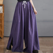 Buddha Stones Retro Leg Opening Slit Design Cotton Women's Wide Leg Pants With Pockets - image 5