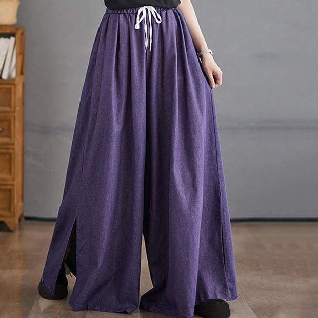Buddha Stones Retro Leg Opening Slit Design Cotton Women's Wide Leg Pants With Pockets - image 5