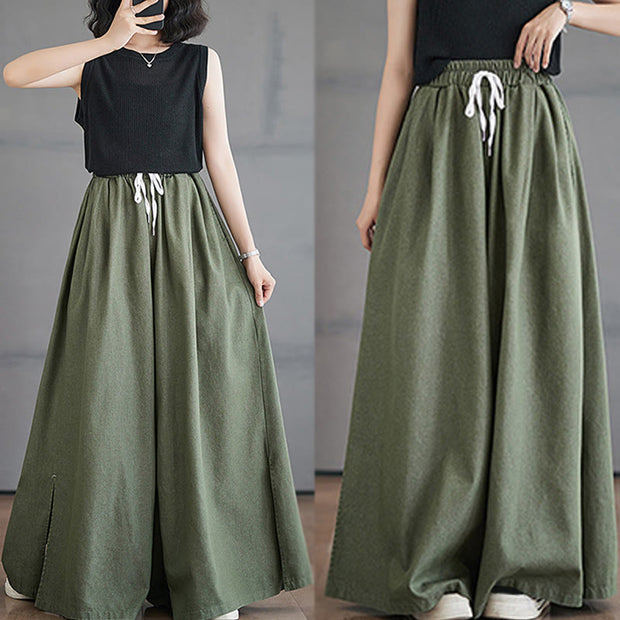 Buddha Stones Retro Leg Opening Slit Design Cotton Women's Wide Leg Pants With Pockets - image 10