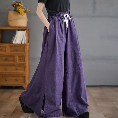 Buddha Stones Retro Leg Opening Slit Design Cotton Women's Wide Leg Pants With Pockets - DarkViolet - US12，UK/AU16，EU44 (3XL) - image 1