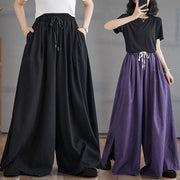 Buddha Stones Retro Leg Opening Slit Design Cotton Women's Wide Leg Pants With Pockets - image 24