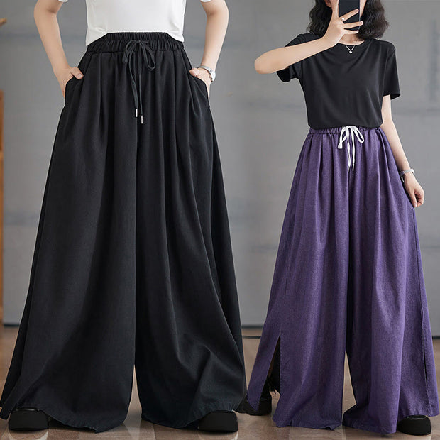 Buddha Stones Retro Leg Opening Slit Design Cotton Women's Wide Leg Pants With Pockets - image 24
