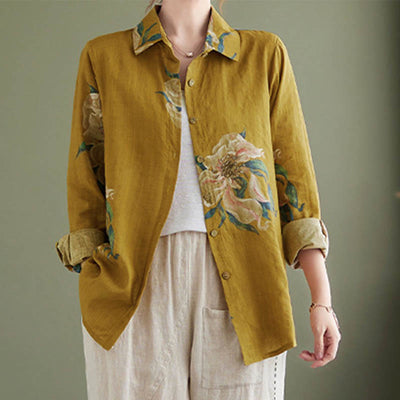 Buddha Stones Literary Artistic Flower Print Cotton Clothing - DarkGoldenrod - US8-10，UK/AU12-14，EU40-42 (2XL) - image 1