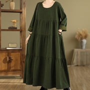 Buddha Stones DarkOliveGreen Patchwork Design Cotton Women's Maxi Dress With Pockets - image 4