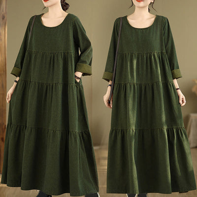 Buddha Stones DarkOliveGreen Patchwork Design Cotton Women's Maxi Dress With Pockets - DarkOliveGreen - US14，UK/AU18，EU46 (3XL) - image 1