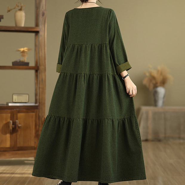 Buddha Stones DarkOliveGreen Patchwork Design Cotton Women's Maxi Dress With Pockets - image 5