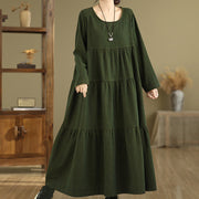 Buddha Stones DarkOliveGreen Patchwork Design Cotton Women's Maxi Dress With Pockets - image 7