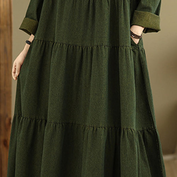 Buddha Stones DarkOliveGreen Patchwork Design Cotton Women's Maxi Dress With Pockets - image 9