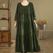 Buddha Stones DarkOliveGreen Patchwork Design Cotton Women's Maxi Dress With Pockets - image 6