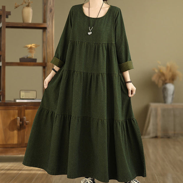Buddha Stones DarkOliveGreen Patchwork Design Cotton Women's Maxi Dress With Pockets - image 3