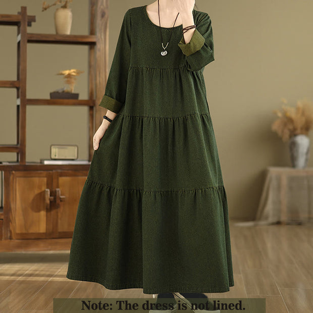 Buddha Stones DarkOliveGreen Patchwork Design Cotton Women's Maxi Dress With Pockets - image 2
