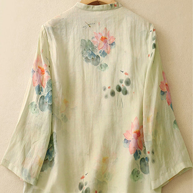 Buddha Stones Casual Women's Ink Lotus Pattern Frog-button Slanted Collar Design Three Quarter Sleeve Shirt - image 6