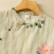Buddha Stones Casual Women's Ink Lotus Pattern Frog-button Slanted Collar Design Three Quarter Sleeve Shirt - image 4