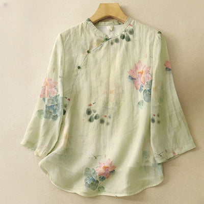 Buddha Stones Casual Women's Ink Lotus Pattern Frog-button Slanted Collar Design Three Quarter Sleeve Shirt - Beige - US8-10，UK/AU12-14，EU40-42 (2XL) - image 1
