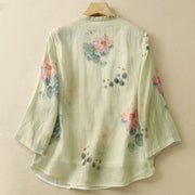 Buddha Stones Casual Women's Ink Lotus Pattern Frog-button Slanted Collar Design Three Quarter Sleeve Shirt - image 2