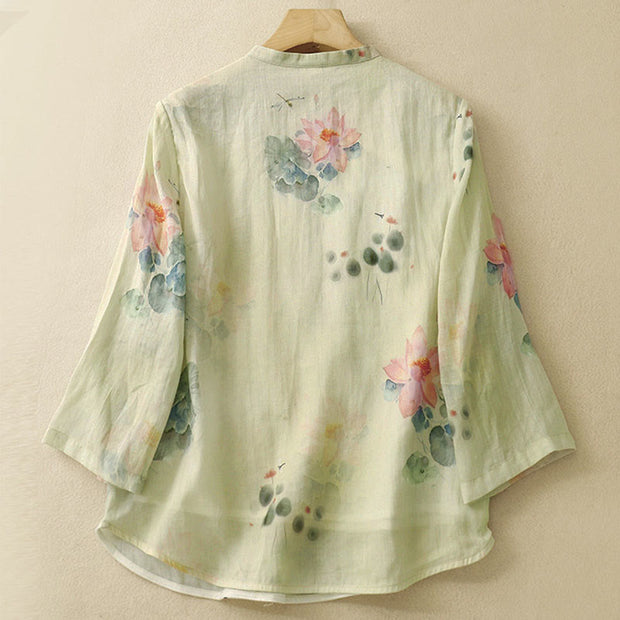 Buddha Stones Casual Women's Ink Lotus Pattern Frog-button Slanted Collar Design Three Quarter Sleeve Shirt - image 2