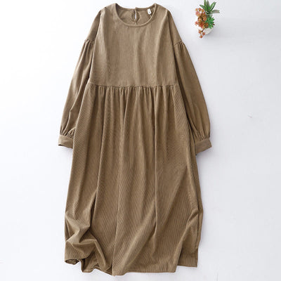 Buddha Stones Tan Solid Color Corduroy Puff Long Sleeve Midi Dress - Tan - US14，UK/AU18，EU46 (2XL) - image 0