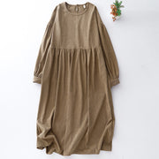 Buddha Stones Casual DarkKhaki Cotton Linen Corduroy Puff Long Sleeve Midi Dress - DarkKhaki - US8-10，UK/AU12-14，EU40-42 (2XL) - image 1