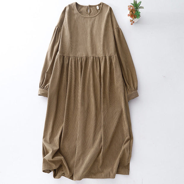 Buddha Stones Casual DarkKhaki Cotton Linen Corduroy Puff Long Sleeve Midi Dress - DarkKhaki - US8-10，UK/AU12-14，EU40-42 (2XL) - image 1